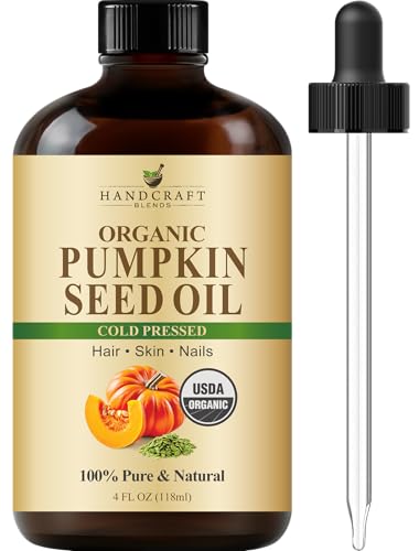 Handcraft Blends Cold-Pressed Organic Pumpkin Seed Oil in Glass Bottle - 4 Fl Oz - 100% Pure and Natural - Premium Grade Carrier Oil for Hair, Skin, Nails, and Body - Massage - Aromatherapy