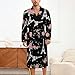 FOSKERV Women's Long Sleeve Robe, Soft Comfortable Loungewear with Belt, Fashion Open Front Nightgown for Bedroom, Living Room, Eiffel Tower Flowers Floral Black, (M)