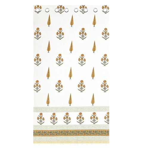 Image of BLOCKS OF INDIA Hand Block Printed Cotton Daylight Curtains with Eyelets | Mustard Green Paisley, Door- 7 Feet (Pack of 2)