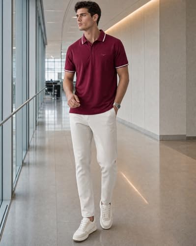 Image of NOBERO Men's Travel Polo T-Shirt | Premium Cotton Stretch Fabric | Anti-Odor & Water-Repellent | UPF 50+ Sun Protection | Regular Fit Polo Collar Casual Wear