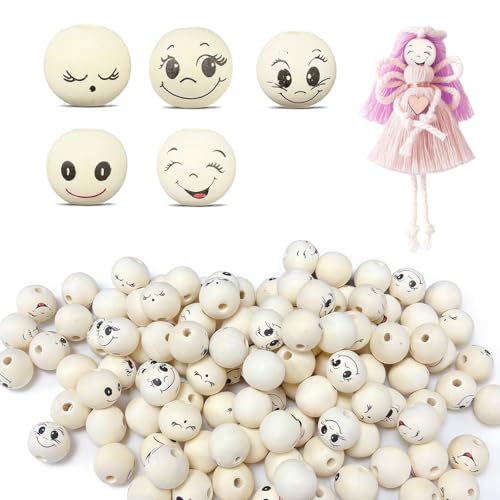 MFUSUL Holzperlen mit Gesicht 20mm 120 Stück 5 verschiedene Muster Holzköpfe für Sorgenwürmchen/Glückswürmchen DIY Schlüsselanhänger & Bastel-Dekorationen