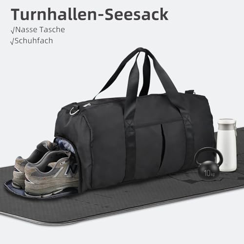 DAYGOS Sporttasche Herren, Reisetasche mit Schuhfach & Nassfach, Wasserdicht 40L Sporttaschen Sportbeutel Schwimmtasche Trainingstasche für Sport, Gym & Fitness, Weekender Reisen Duffel Bag (Schwarz)