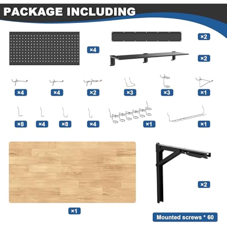 Ultrawall Wall Mounted Workbench with Pegboard, Folding Down Work Table Metal Pegboard Wall Organizer for Garage, Workshop, 48X24