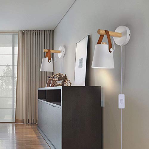 Hj.luyo Wall Lamps For Bedroom Set Of 2 Indoor Wall Sconce Plug In Cord White Modern Wooden Sconces Wall Lighting For Farmhouse Bedside Aisle Corridore #TOP3