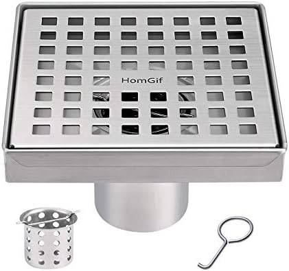 HomGif 5 Inch Square Shower Floor Drain for Bathroom Kitchen SUS 304 Stainless Steel Brushed Finish with Removable Hair Strainer Quadrate Pattern Cover