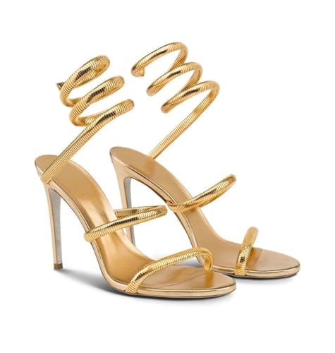 Image of perixir Gold Heels for Women, High Heels with Spiral, 4.17 inch Stiletto Heeled Sandals for Dressy Women, Lace Up Sandals Comfortable Slingback Sandal