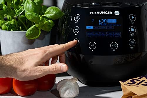 Reishunger Digital Rice Cooker & Rice Steamer (1.5 litres for 8 people), Black, 7-Phase Fuzzy Logic Tech, durable Ceramic Bowl, Multi Cooker with 12 Programmes, Keep Warm Function & Timer