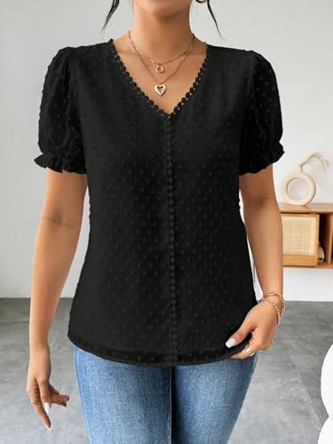 Image of Shasmi Women's Elegant French Textured Fabric Solid Color Lace Panel V-Neck Jacquard Blouse,Short Puff Sleeve Tops Simple Daily Spring /Summer Casual Blouse Shirt (Top 178)