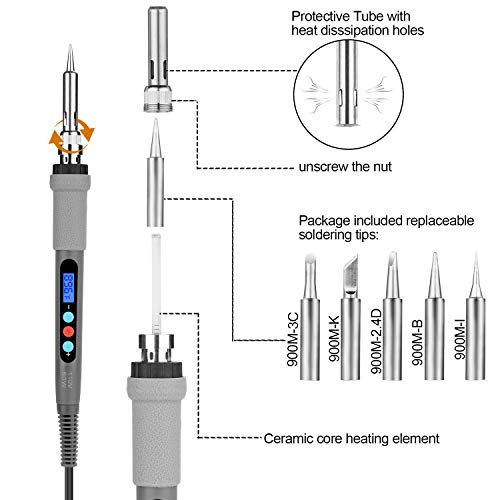 Welding Soldering Iron With Thermostatic Digital-Controlled And Lcd Screen Display, 60 W Temperature Adjustable 180℃/356℉-480℃/896℉ With 5 Pcs Soldering Bits, 2 Soldering Iron Stands & 1 Sponge #TOP3