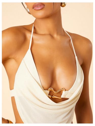 MakeMeChic Women's Draped Front Halter Crop Tops Tie Open Back Ring Tank Clubwear4