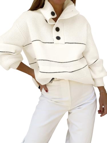 Image of chouyatou Women's Slouchy Waffle Knit Sweater 1 /2 Button Polo Collared Pullover Striped Sweater Tops