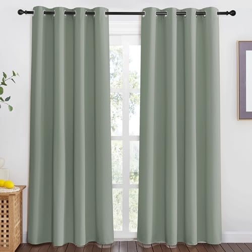 NICETOWN Blackout Sage Green Curtain for Windows 80 inch Long - Thermal Insulated Solid Grommet Room Darkening Drape Sound Reducing for Bedroom/Living Room (1 Panel, W46 x L80)