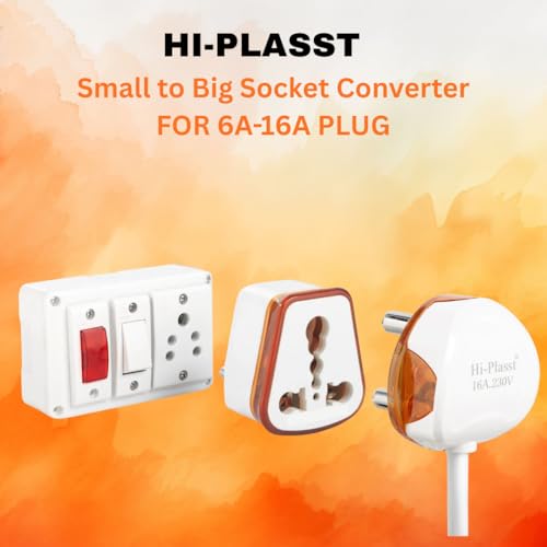 Image of HI-PLASST 6a to 16a Converter Plug | 6 amp to 16 amps Converter Plugs Useful for 16a Extension Board with16 amp Socket and 16 Ampere Plug Top,for A /C,Refrigrator,etc,230 Volt AC.(Orange,3 Pieces)