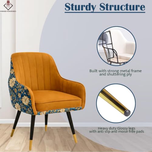 Image of Velvet Chair for Home | Modern Accent Armchair in Soft Velvet Fabric with Golden Legs | Set of 2 Premium Accent Chair for Living Room Bedroom Restaurent | 2 pc (Brown Floral)