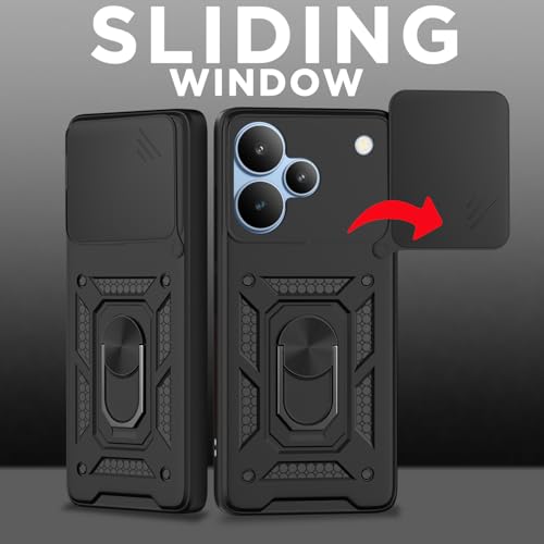 Image of Pikkme Back Cover for Realme P4 5G | D10 Tough Armor | 360 Protection Case | Sliding Camera Shield Cover & Ring Holder Stand Bumper Case (Black)