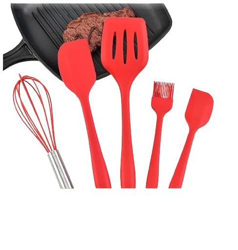 Image of Oren Empower Set of 5 Silicone Spatula & Kitchen Utensil with Hook Design for Cooking, Baking & Mixing /Non-Stick BPA Free /Heat Resistant Item, Flexible Non Toxic Silicon Cookware Tools - Red