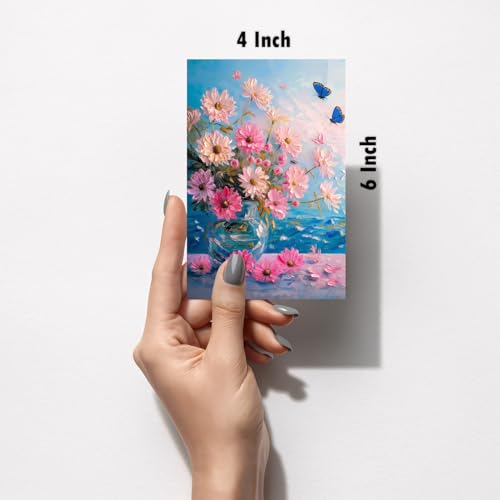 Image of SiddArtify Floral Impasto Painting Set - Pink Blue and Red Flower - Set of 2-4x6 Inch - Board (Pack of 6) - Sticker (Pack of 6) Wall Room Decoration art Poster Prints