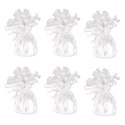 Beistle White Metallic Plastic Wrapped Balloon Weights For Birthday Parties, Weddings, Anniversaries, Table Décor, Celebrating With You Since 1900, 5.5" x 2.5", 6 Piece Cover