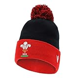 Macron Wales Fanartikel · WRU Rugby Brimmed Ski Beanie · Fan Accessoires Winter Freizeit Bommel Pudel Mütze Hut · Unisex Damen Herren Frauen Männer · Farbe Rot-Schwarz-Weiß, Erwachsene, Größe Senior