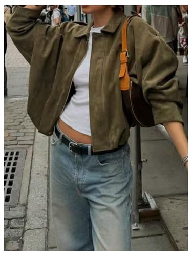 MakeMeChic Women's Faux Suede Bomber Jacket Zip Up Long Sleeve Coat Outerwear Army Green Large2