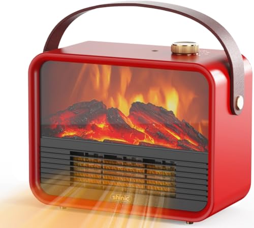 Image of Shinic Portable Electric Fireplace Heater with Realistic 3D Flame, 1500W /750W Fast Heating Mini Fireplace Heater for Indoor Use, Compact with Leather Handle, Safe for Office, Bedroom, RV, Red