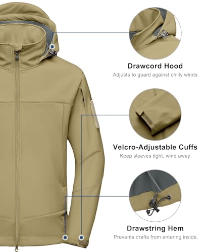Image of Little Donkey Andy Men's Softshell Jacket Hooded Light Waterproof Tactical Jacket Fleece Windbreaker Jackets with 8 Pockets
