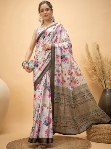 Image of Satrani Women's Floral Printed Silk Saree with Unstitched Blouse