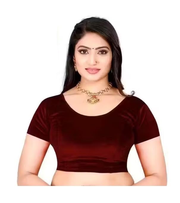 Women's Velvet Readymade Saree Blouse, Short Sleeve, Round Neck,-picture-27