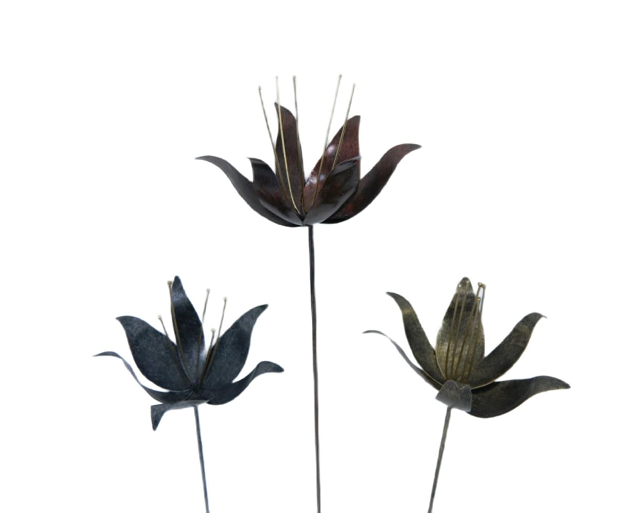 Thai Gifts Mixed Set Of 3 Handcrafted Metal Lily Flowers - Colours, 100Cm Tall Unique Garden Stakes For Pots & Borders - Durable, Handcrafted Outdoor Decorations - Fairly Traded Garden Art