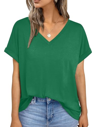 AirMood T-Shirt d'été Ample à Manches Courtes pour Femme avec col en V, Vert, XL