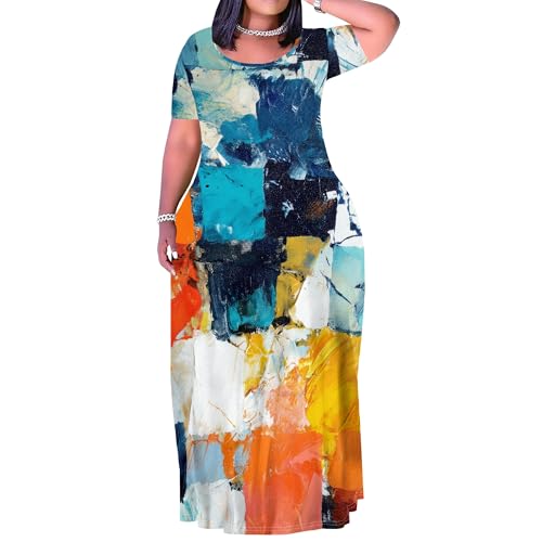 Image of PinkPatty Plus Size Dress for Women Casual Crew Neck Short Sleeve Maxi Dress Oversized Summer Beach Dresses with Pockets