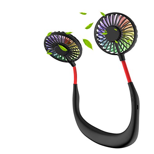 Daletu Ventilador de cuello, pequeño ventilador portátil, recargable por USB, rotación de 360 grados, 3 velocidades, 7 luces LED coloridas para interiores y exteriores, deportes de viaje Cover