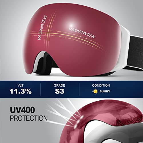 Odoland Detachable Magnetic Snow Ski Goggles, Uv400 Anti-Fog Windproof Eyewear Lens,White Frame Rose Lens, Vlt 11.3% #TOP2