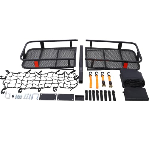 KOZYSFLER Hitch Mount Cargo Carrier Basket 60\" X 21\" X 6\"+Waterproof Cargo Bag 16 Cubic Feet(56\" 20\" 20\"),Hauling Weight Capacity of 500 Lbs and A Folding Arm.with Hitch Stabilizer,Net and Straps