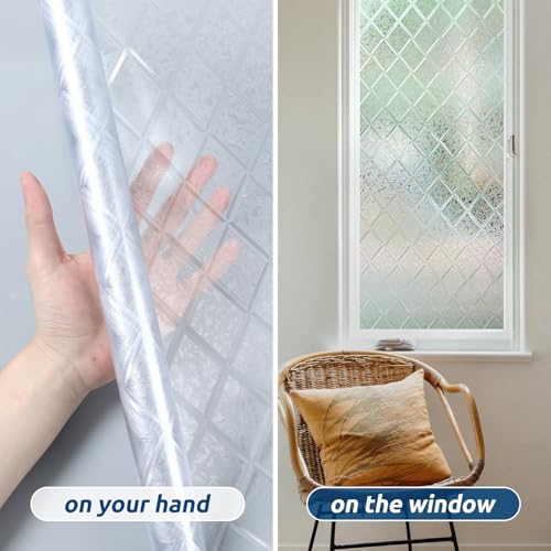rabbitgoo Window Privacy Film, Decorative Privacy Window Film Sun Blocking, Frosted Glass Cling for Home Door, Non-Adhesive Static Cling Sticker Covering Heat Blocker, Clear, 35.4" x 118.1"