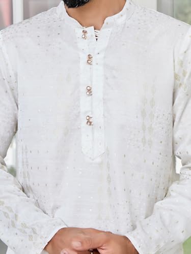 Image of See Designs Men's Full Sleeve Mandarin Collar Floral Embroidered Mandarin Collar Thread Work Straight Long Kurta with Pyjama - Festive Collection