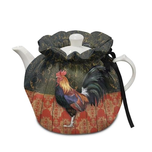 Suobstales Rooster Chicken Print Tea Cozies for Teapot, Floral Wood Design Portable Kettle Cover Tea Kettle Quilt Tea Cosy Cotton Kettle Tea Pot Cover Dust Proof Insulated Keep Warm