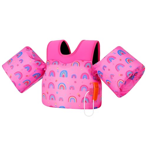 MoKo Chaleco de Natación para Niños, Flotadores de Brazo para Niños de 20-50 lbs, Flotadores de Agua con Silbato de Emergencia, Bonitos Flotadores de Brazo para Piscina, Arco Iris Rosa Intenso