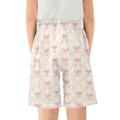 Pink Bow Rhombus Plaid Pattern Sleep Shorts Summer Pajama Shorts Elastic Waist Sleep Bottoms with Pockets 6-14 Years2