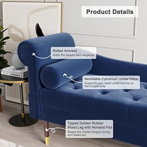 Vesgantti Velvet Chaise Longue, Indoor Lounge Sofa with Left Armrest and Lumbar Pillow, Fabric Upholstered Chaise Lounge for Living Room, Bedroom, Study Room and Leisure Area(Blue)