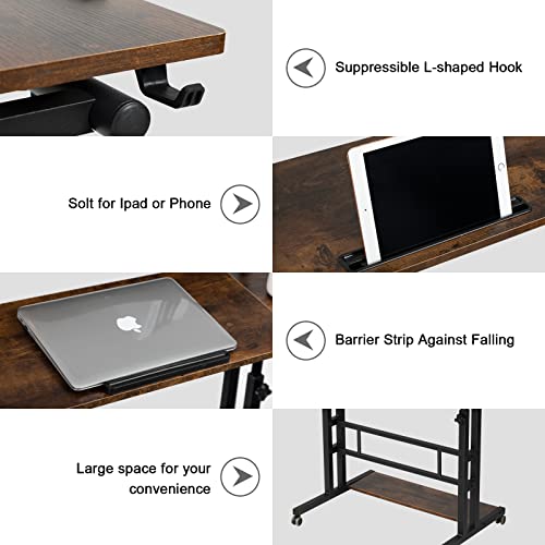 Hadulcet Mobile Standing Desk Adjustable Height, Rolling Desk Stand Up Desk, Mobile Laptop Desk, Rolling Computer Desk With Charging Station, Portable Desk With Wheels, Rustic Brown #TOP5