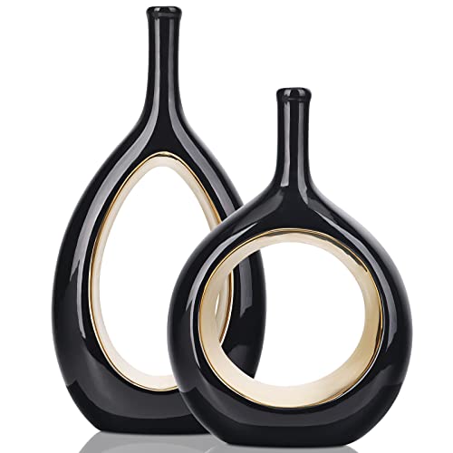 Black And Gold Vase Hollow Ceramic Vase Set Of 2,Black Vases Home Decor, Boho Donut Vases Nordic Minimalist Decorative Vase, For Table Centerpiece Wedding Dining Living Room Office House Decoration #TOP21