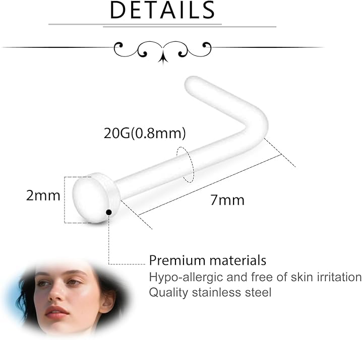 10PCS Clear Nose Studs - Acrylic L-Shaped Nose Bar Ring - Invisible Piercing Jewelry - Flat Top Bone Studs Retainer - Flexible Nose Retainers for School (Clear) — view 2
