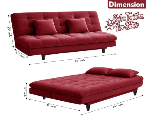 Image of Rosebell Modern Wooden 3-Seater Sofa Cum Bed Foldable Velevt Fabric Sofa for Living Room, Guest Room & Office-Red-Color