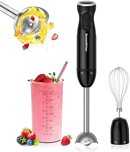 Bonsenkitchen Immersion Blender Handheld, 12-Speed and Turbo Hand Blender Electric with Sharp Blades, 3-In-1 Hand Held Stick Blender with Egg Whisk, 700ml Beaker for Soups, Smoothies, Sauce
