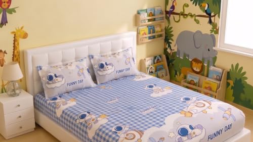Image of Filymore Kids Double Bed Sheet Set - Cartoon Space Fun Day Theme, 240 TC Soft Microfiber Bedsheet, Astronaut Design, 2 Pillow Covers, 90x90 Inch Double Bedspread, Blue White & Grey