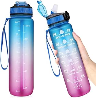 1 Litre Water Bottle with Time Markings - Leakproof Sports Water Bottle with Straw, BPA Free Drinking Bottle Sports Bottle for Men Women Cycling Hiking Running Gym