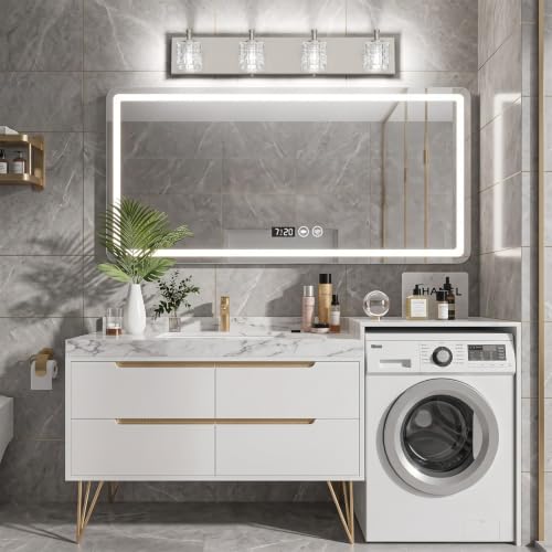 Image of Ralbay Crystal Bathroom Vanity Light Brushed Nickel 4 Light Modern Bathroom Wall Lighting Fixtures Over Mirror