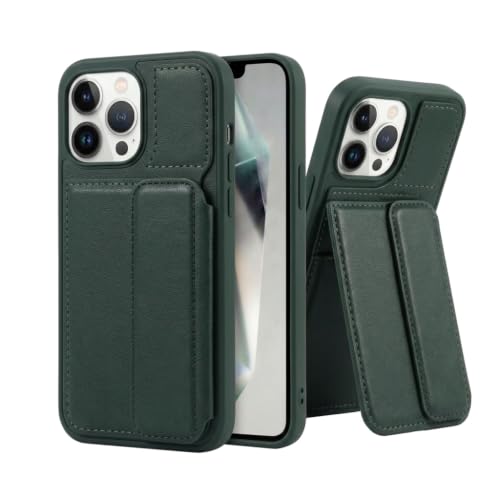 Image of amazon basics Luxury Vegan Leather Back Cover for iPhone 14 Pro | Built-in Card Holder Slot | Integrated Mobile Stand | Slim Shockproof Protective Case with Stitched Finish - Green