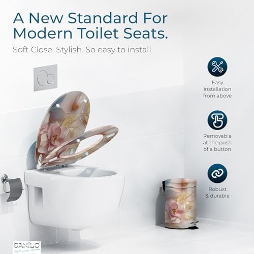 Image of Sanilo Wooden Toilet Seat with Quick Release & Soft Close [ROUND] - Decorative & Slow Close Molded Wood Seat - With One Click for Easy Installation & Cleaning - With Adjustable Fit (Florentia)